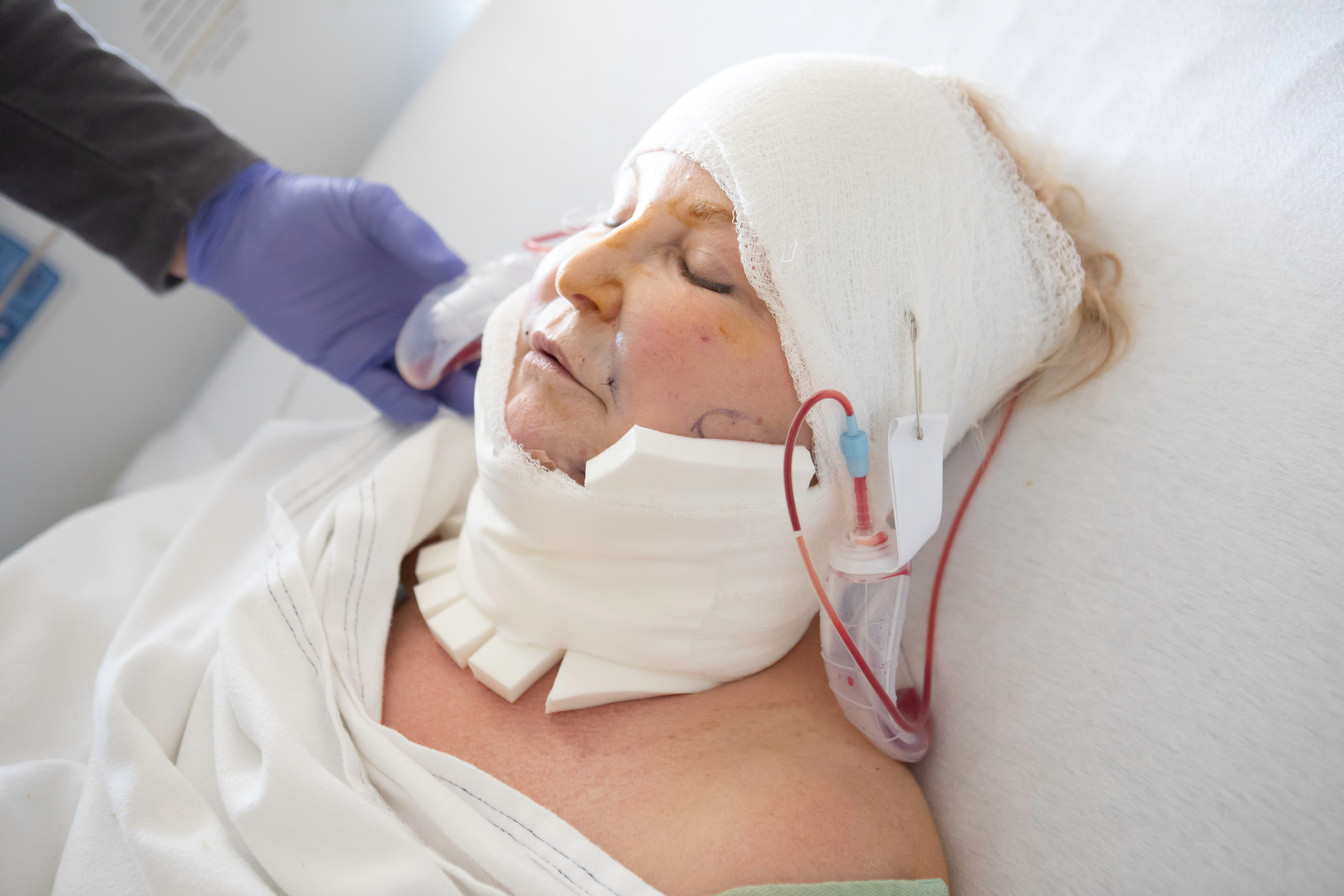 Senior women in the hospital with brain and neck injuries